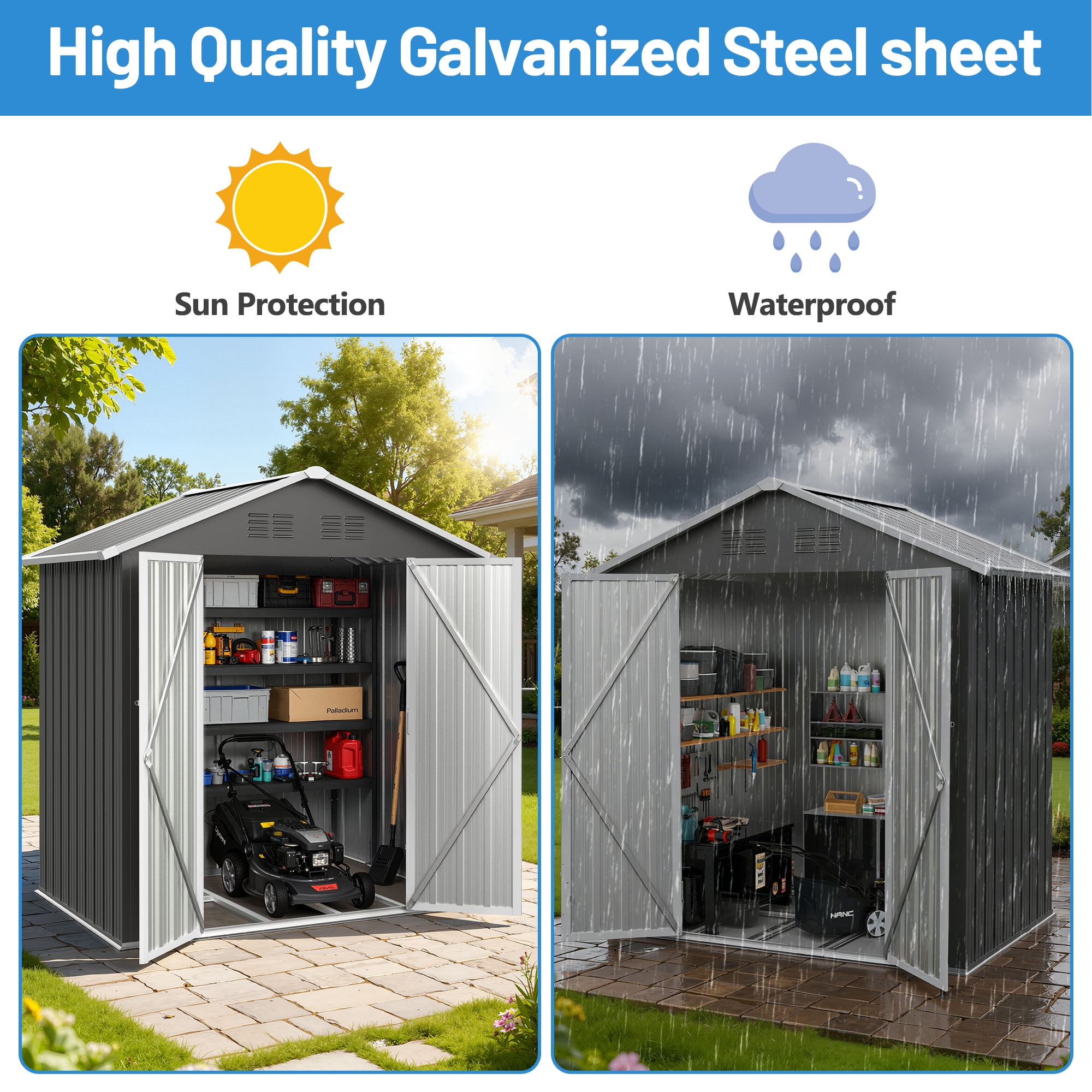 Seizeen Outdoor Storage Shed, 6' x 4'  Metal Storage Shed with Base , Seizeen Tools Storage Shed, Galvanized Steel Garden Shed with Lockable Doors for Backyard, Patio, Lawn