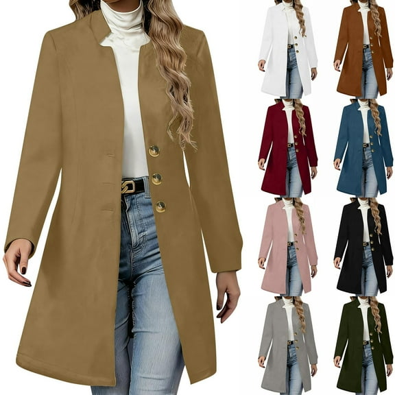 jtjvou Wool Coats for Women Casual Stand Collar Long Pea Coat 2025 Winter Fashion Single Breasted Warm Jacket Overcoat Green L