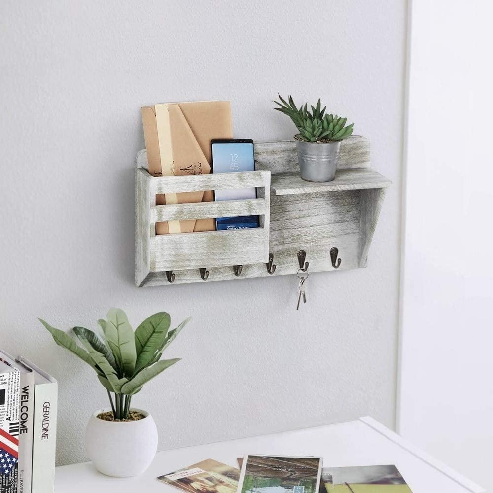 Wall Mount Mail & Key Holder Organizer with 6 Key Hooks, 1 Compartment, and Shelf Rustic Gray