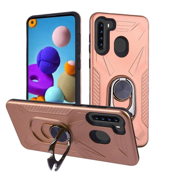 Bemz [Rugged Shield] Samsung Galaxy A21 Phone Case - Bottle Opener Magnetic Mount Stand Holder Heavy Duty Armor Cover with Atom Cloth - Rose Gold