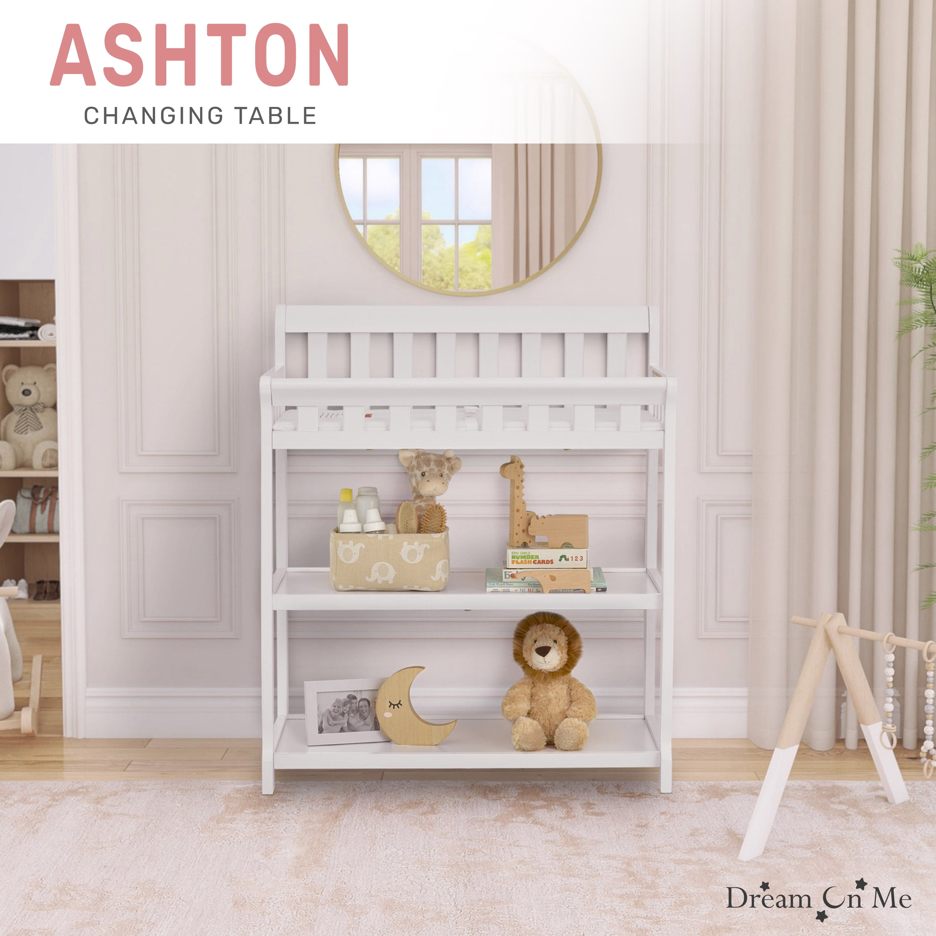 Dream On Me Ashton Changing Table, New Zealand Pinewood, 1 inch Mattress Pad included, White
