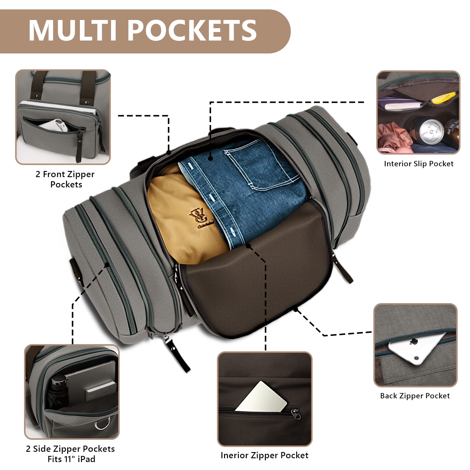DAKOMM Canvas Duffle Bag 50L, Duffle Bag for Travel Expandable Duffel Bags Waterproof Weekender Overnight Travel Bag Gym Carry On Luggage Bag for Men & Women (Gray)