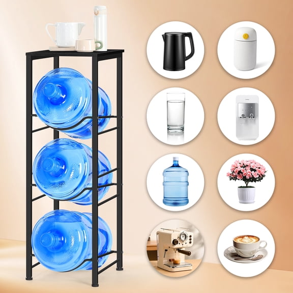 OYEAL 3-Tier 5 Gallon Water Jug Holder, Heavy Duty Water Bottle Rack with Storage Shelf, Space-Saving Water Cooler Jug Holder Rack for Home, Kitchen or Office, Black