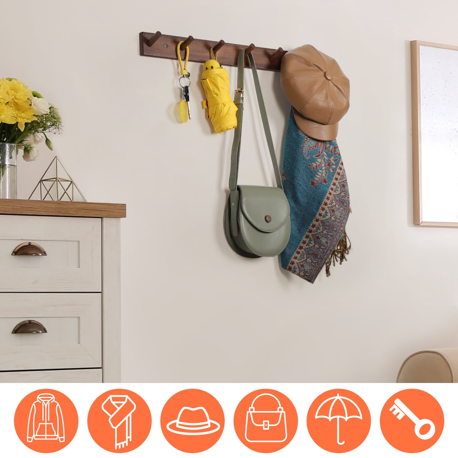 Wall Mounted Wood Coat and Hat Rack, 6 Hooks, Dark Brown