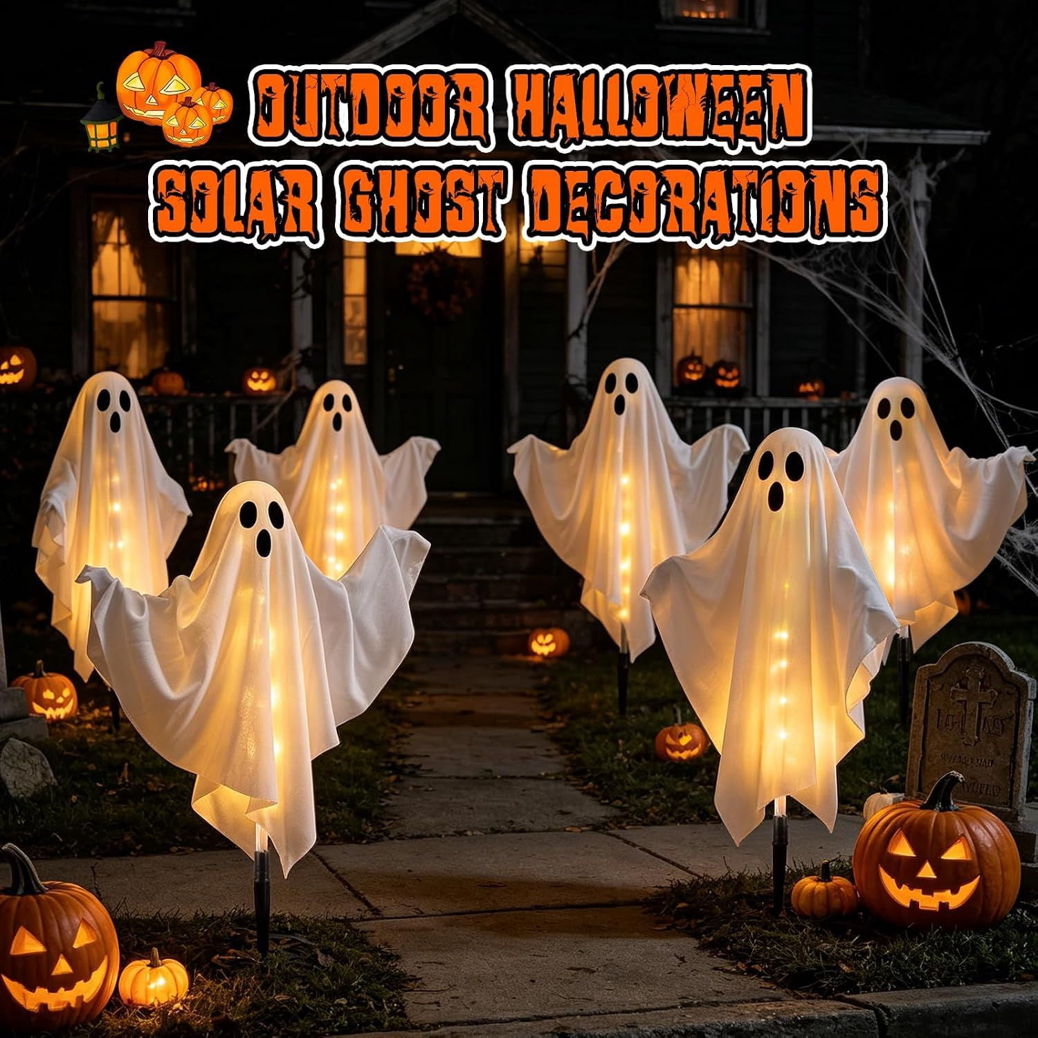 Solar Halloween Ghost Lights, 6-Piece Outdoor Stake Decorations with Warm White Glow and Poseable Arms for Garden Path, Yard, Porch, and Haunted House Displays