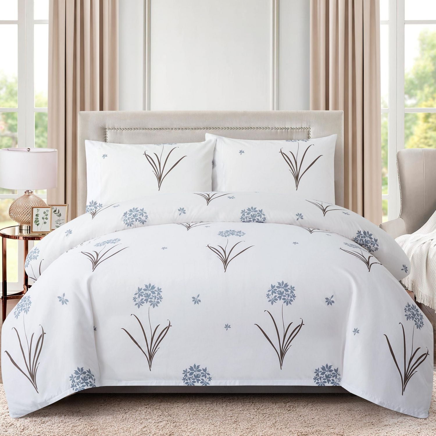 Marina Decoration Ultra Soft Silky Zipper Rich Printed Rayon from Bamboo All Season Duvet Cover Set with Pillowcases, Grey Hydrangea Floral Pattern