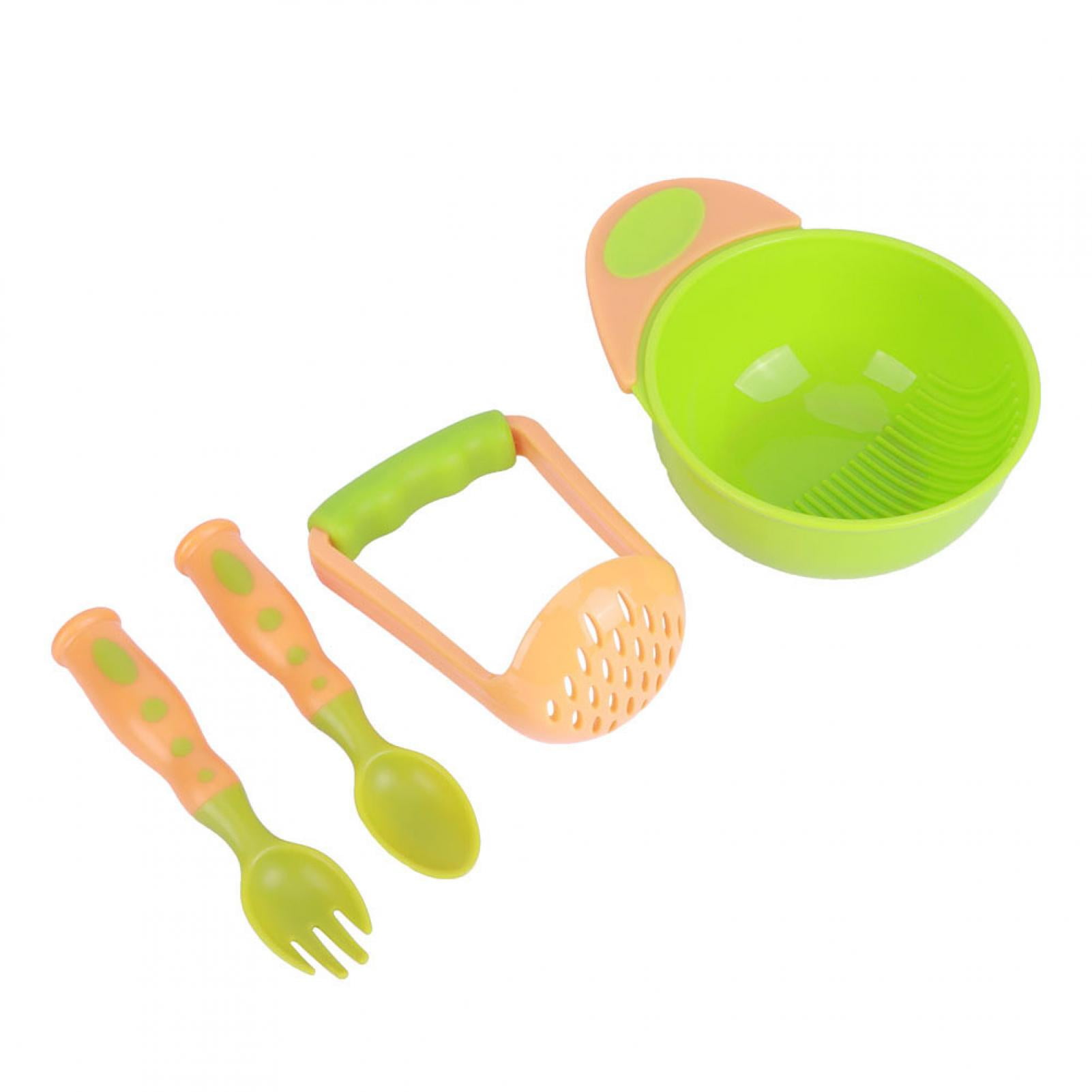 BIMZUC 4pcs Baby Food Masher Mash Serve Freshfood Bowl Infant Feeding Suction Spoons Set, Orange and Green