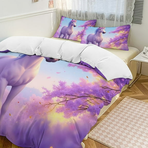 Unicorn in Enchanted Forest Duvet Cover Set Themed Multicolor Polyester Bedding Set for Bedroom Decoration