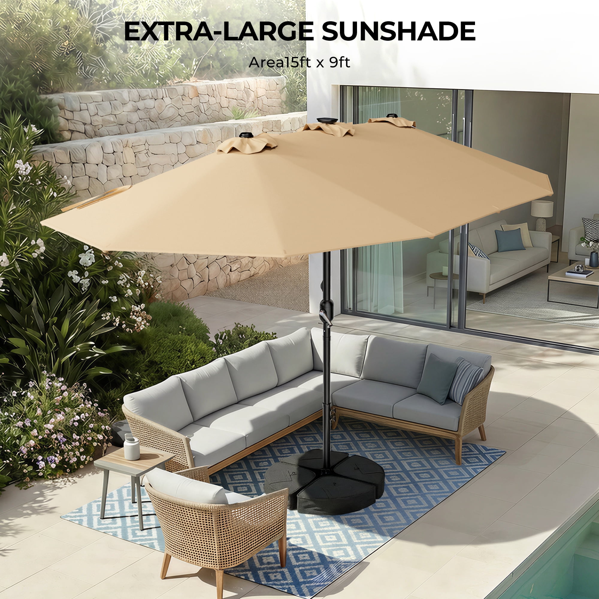 TASKBAY Patio Umbrella 48 LED Colorful Lights, 15ft Double Sided Outdoor Large Rectangular Patio Umbrella with Crank Handle, for Lawn Garden, Home, Outdoor Activities, Beige(with Base)