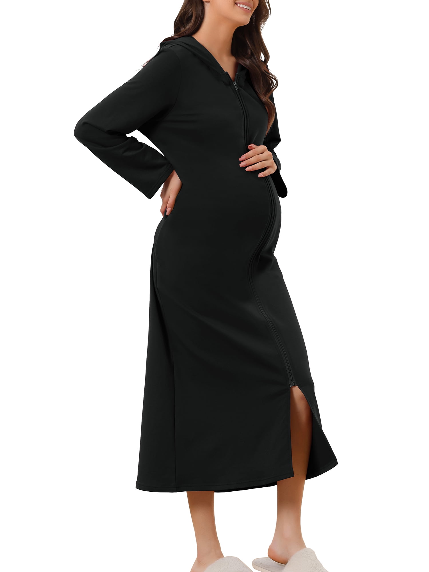Unique Bargains Womens Robe Zip up Hooded House Dress Nightshirt Hoodie Long Bathrobe XL Black