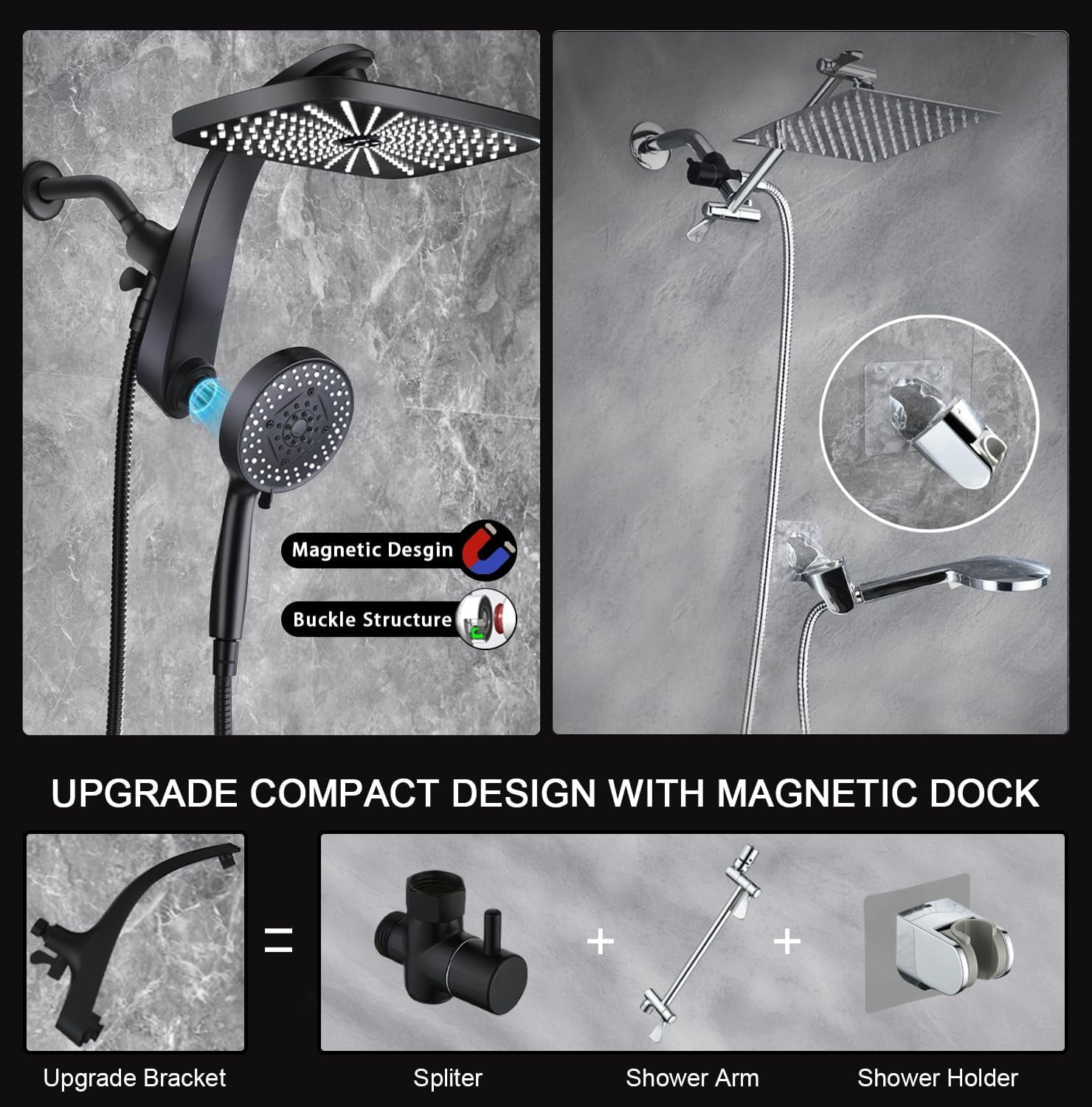 High Pressure Rain Shower Head: Upgrade Shower Heads with Handheld Spray Combo with Fixed Showerhead and 10 Sprays Handheld Shower Head, Detachable Showerheads