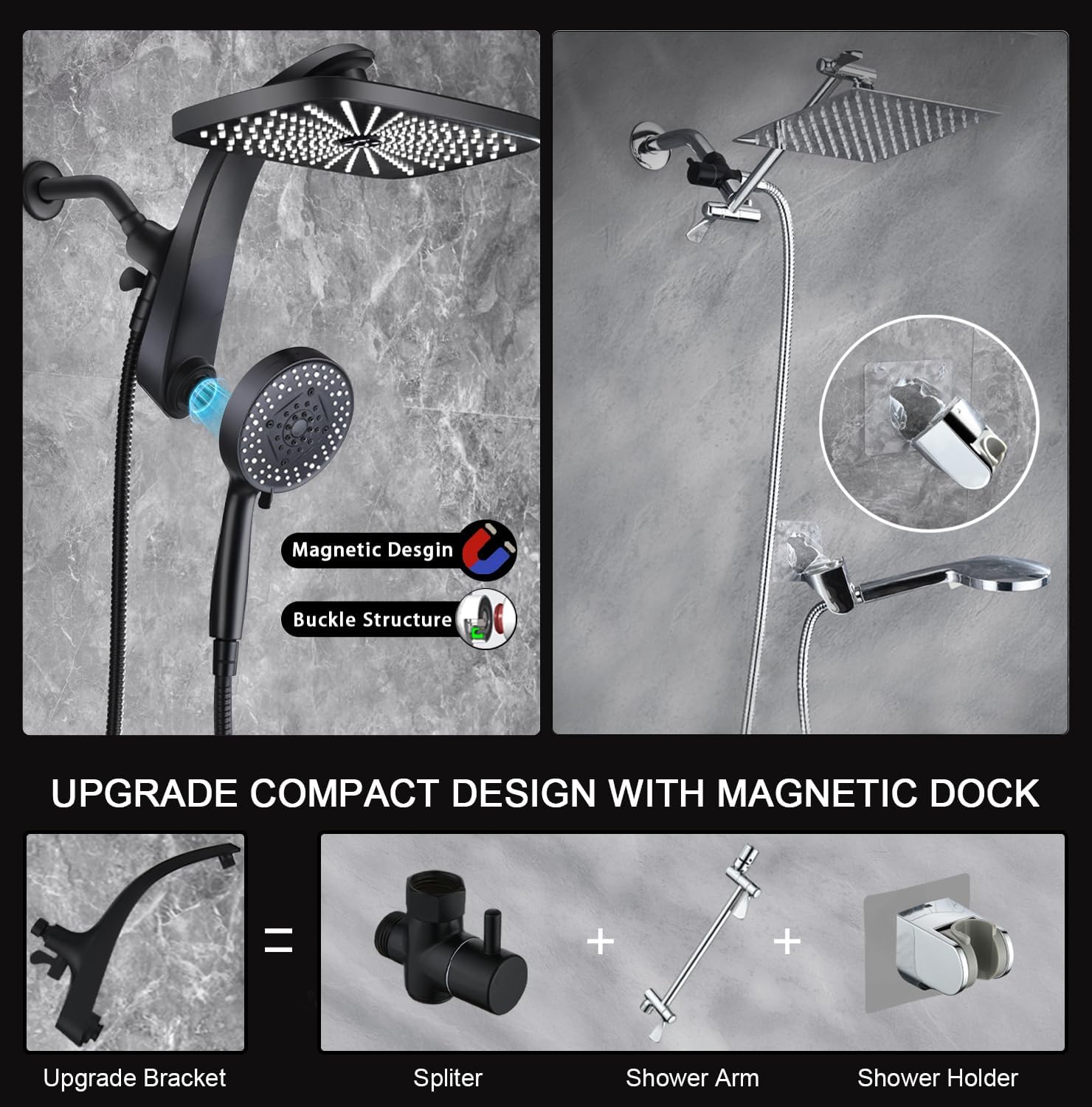 KESTE 12-Inch High Pressure Rain Shower Head Combo, Black photo 5