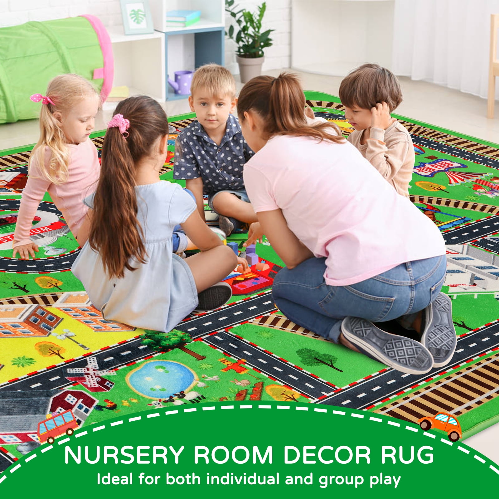 Kids Rug Car Rug for Toy Cars,City Life Road Traffic for Playroom Kid Car Road Rug Village Map Play Mat Non-Slip Washable Play Rug for Toddler Boy Family Tummy Time Playtime