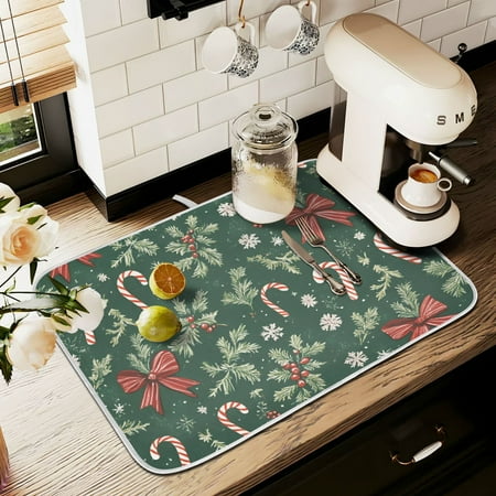 

Yayeee Drying Mat for Kitchen Counter Dishes Microfiber Coffee Decorative Pad Christmas Candy Cane