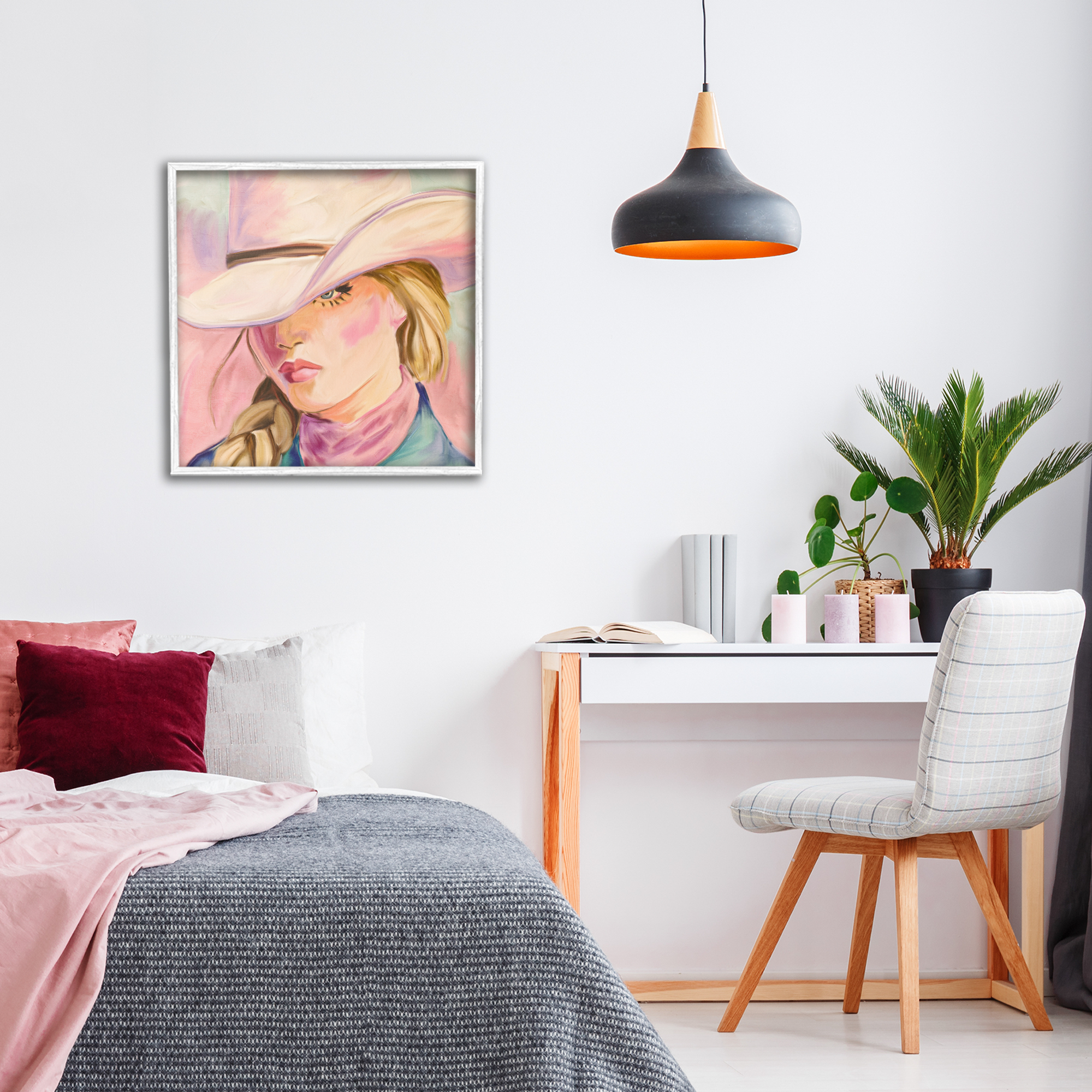 Pastel Cowgirl Gaze Beneath Hat White Framed Giclee Art, design by Kim Allen