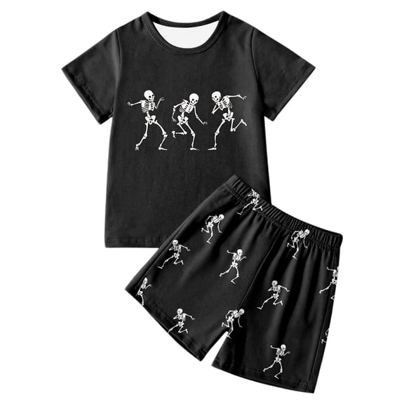 BOOMNY Halloween Girls 2 Peice Outfit Sets Hallowmas Skeleton Graphic Short Sleeve Tops Shorts Sets for Kids Soft Clothing Set