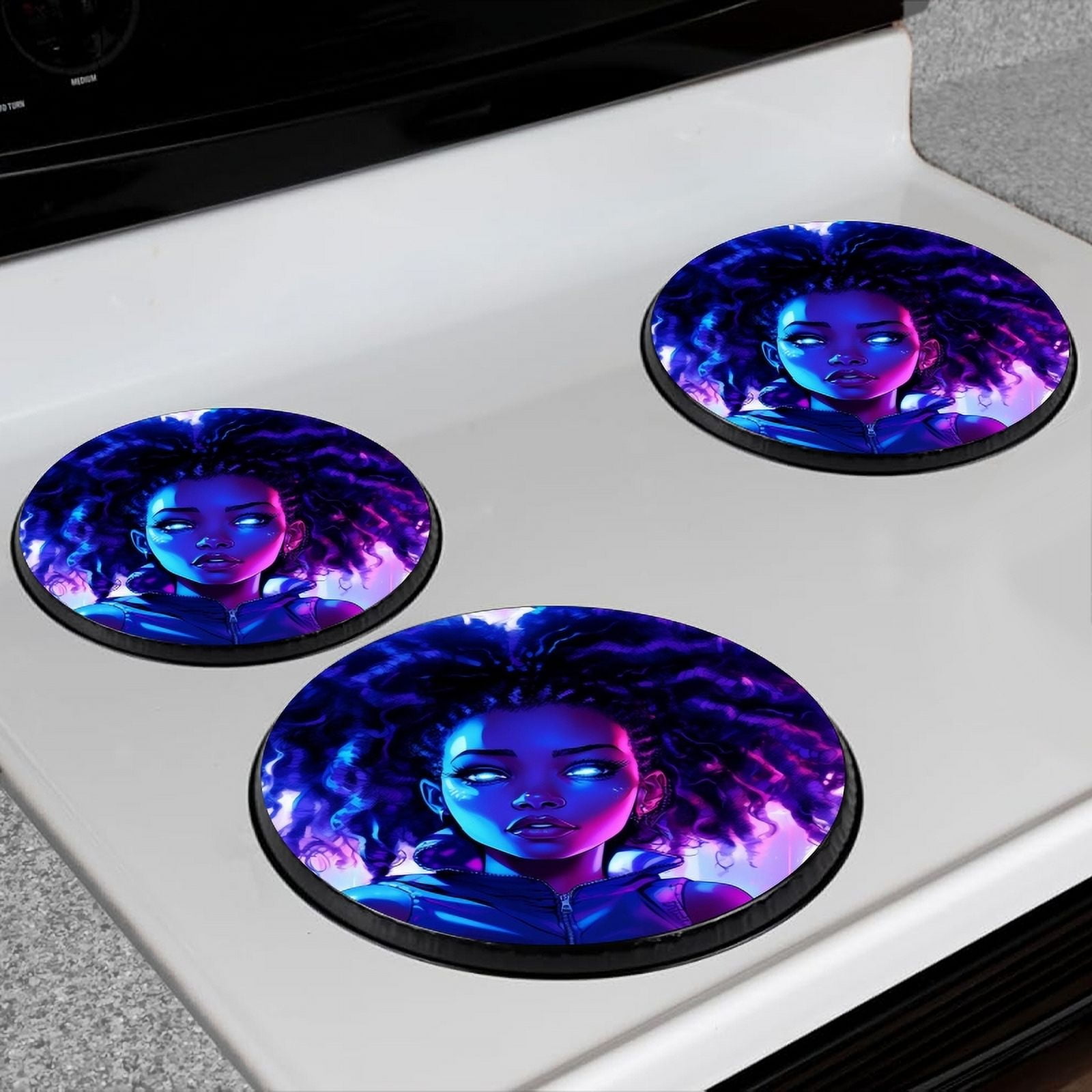 BaHomeck Electric Stove Burner Covers Set of 4,Round Metal Gas Stove Burner Covers 8 Inch and 10 Inch,Kitchen Decor,Young Black Woman With Curly Hair Has Blue Eyes