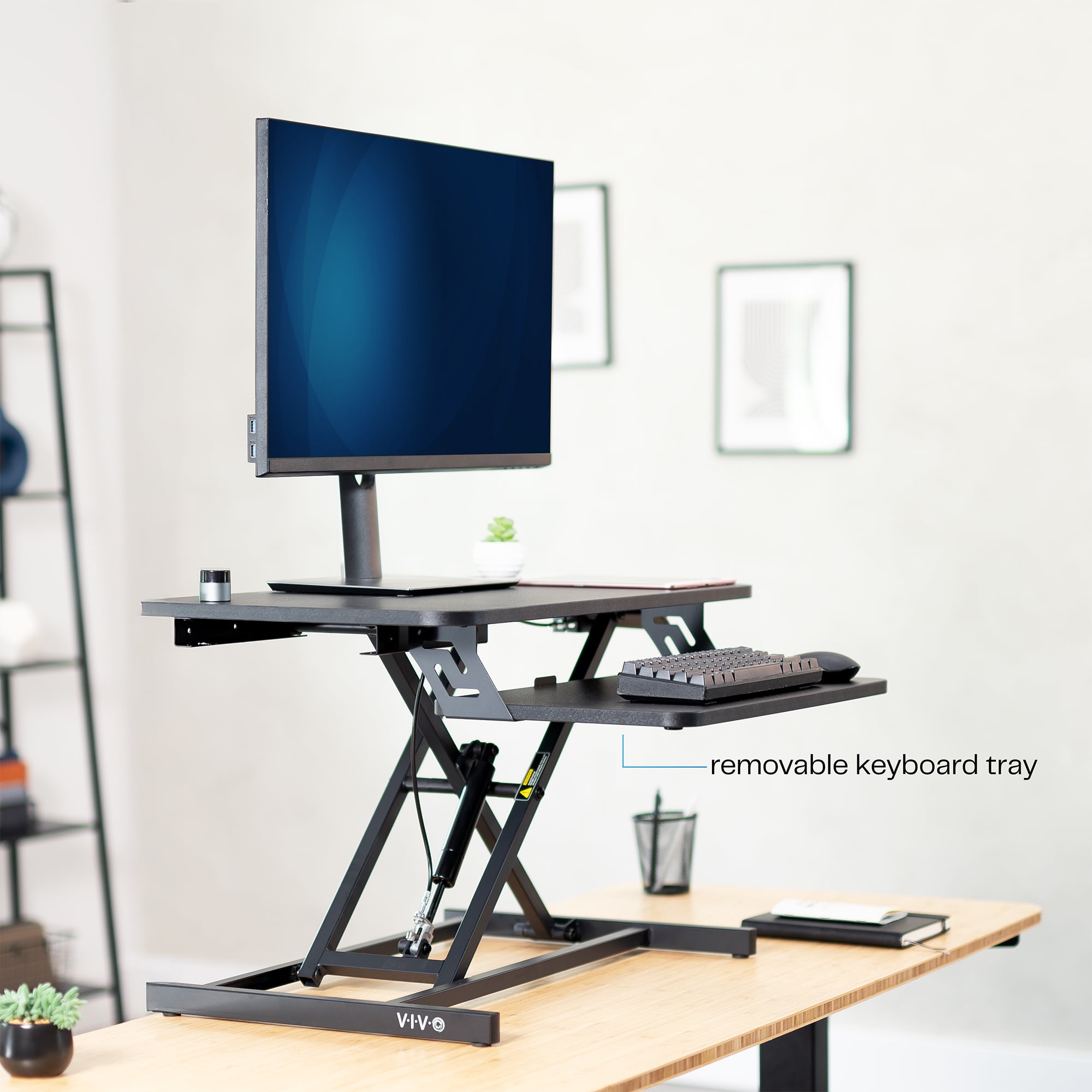 VIVO Black Height Adjustable 28" Standing Desk Monitor Riser, Sit Stand Tabletop