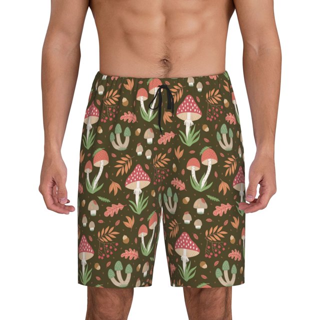Balery Mushrooms and Autumn Pantalones cortos de pijama de punto de algodón para hombre con cinturilla y bolsillos-Medium