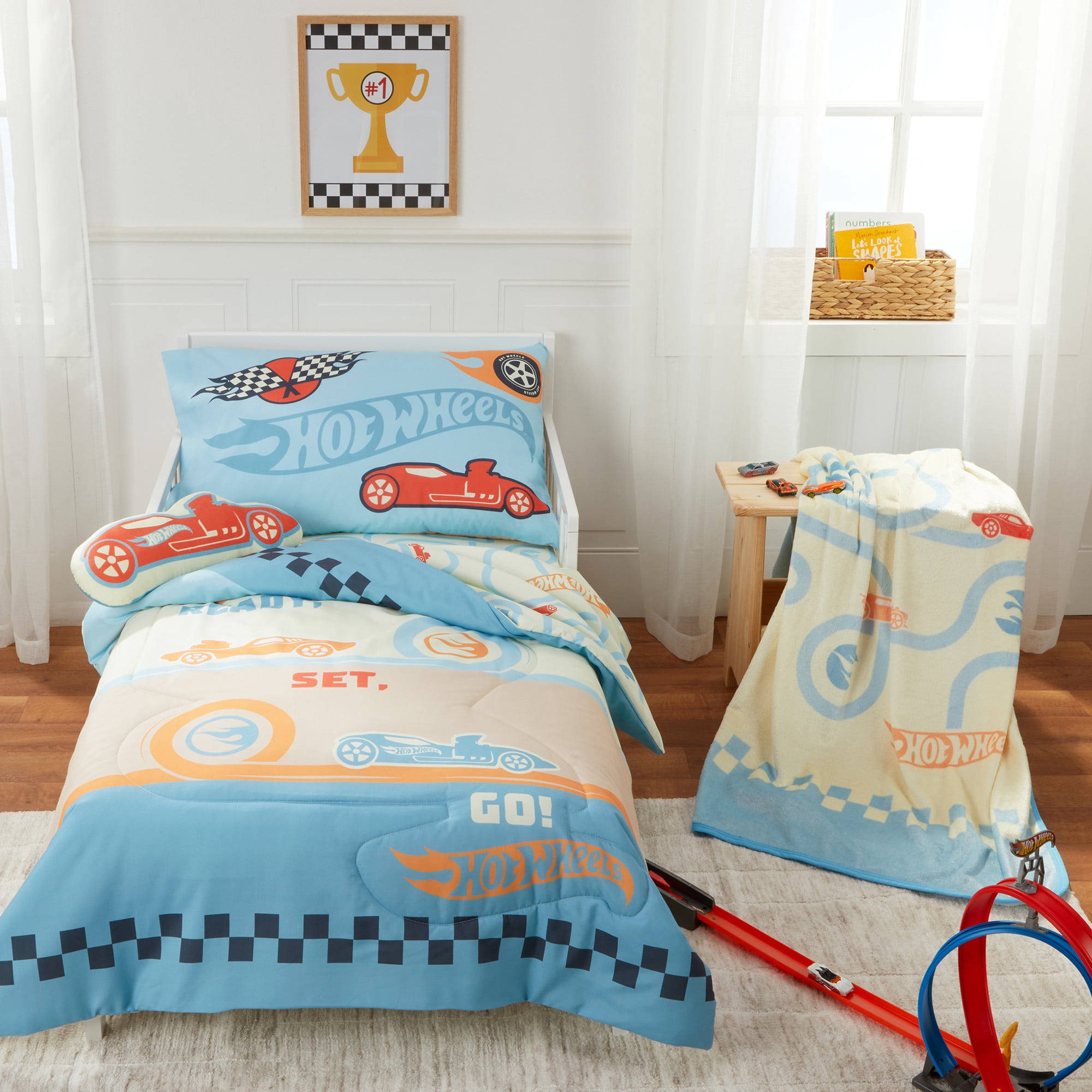 Hot Wheels Toddler Bedding, 5Pc Set, Comforter, Sheet, Pillowcase, Throw, Pillow