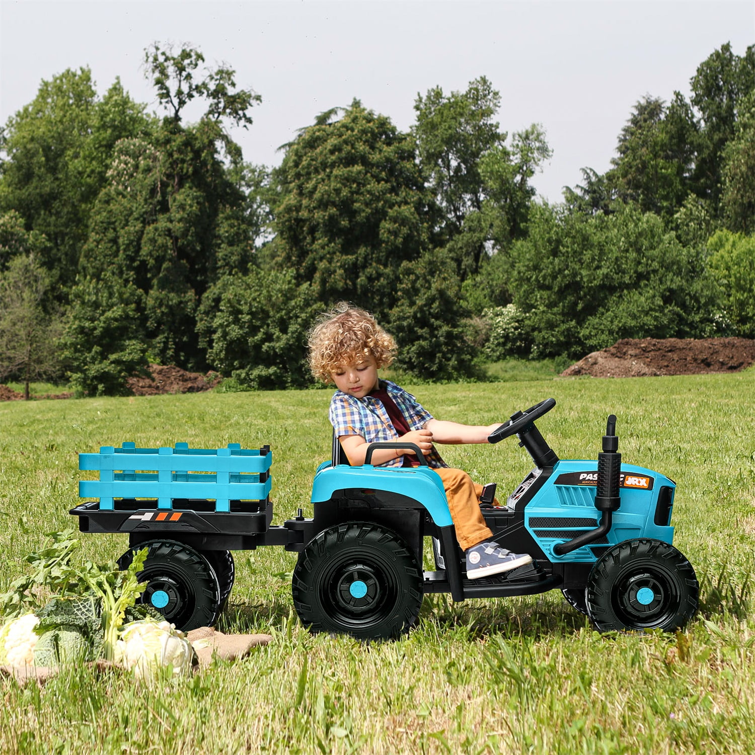 CIPACHO 12V Ride On Tractor with Trailer, 2.4RC, Electric Kids Car Three Speed Adjustable, USB, MP3, Power Display, Blue CIPACHO 12V Ride On Tractor with Trailer, 2.4RC, Electric Kids Car Three Speed Adjustable, USB, MP3, Power Display, Blue