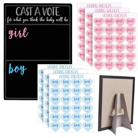 Gender Reveal Decorations for Baby Shower Games with 144 Girl or Boy Voting Stickers and Cast Your Vote Sign with Stand (Chalkboard Design, 12 x 17 In)