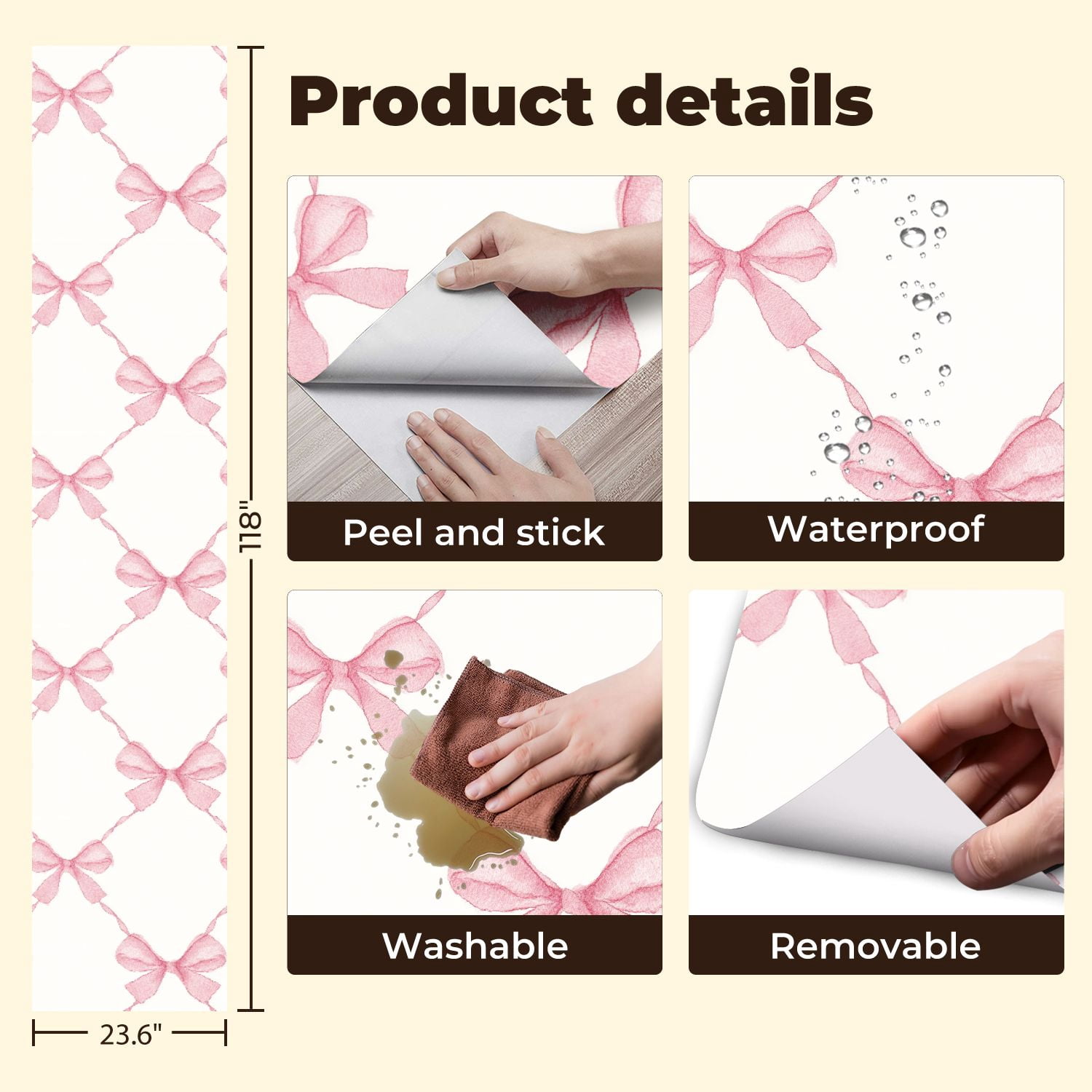 Peel and Stick Wallpaper Soft Pink Bow Delicate Ribbons Light Wall Mural 23.6in x 9.8ft Self Adhesive Removable Wall Paper Renter Friendly Wallpaper for Nursery Bedroom Cabinets