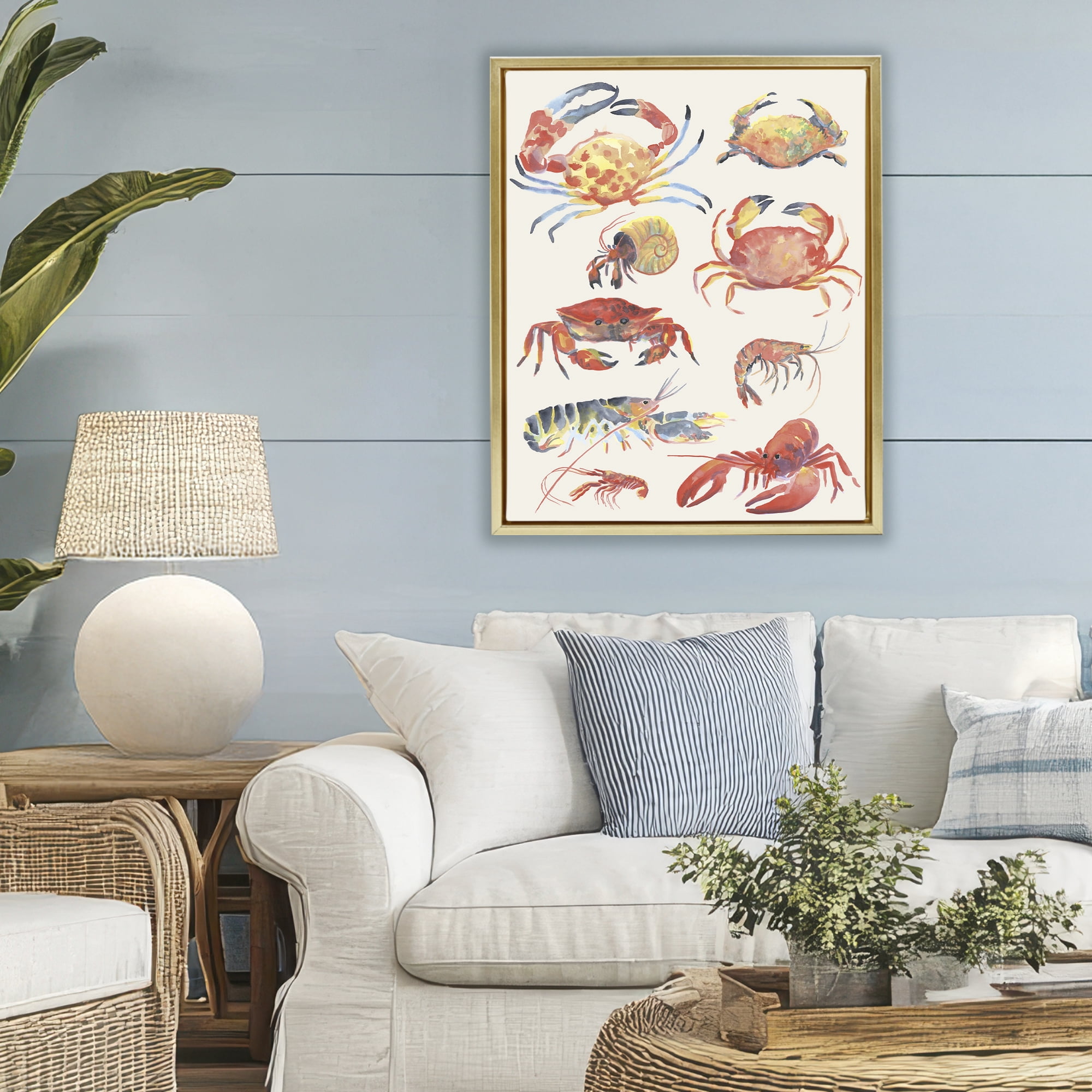 Stupell Industries Nautical Crustacean Collection Gold Framed Floater Canvas Wall Art, design by June Erica Vess
