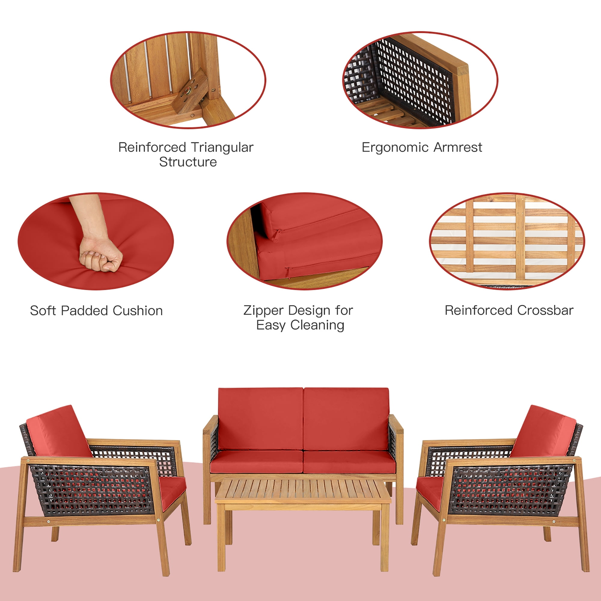 Costway 4PCS Patio Rattan Furniture Set Acacia Wood Cushioned Sofa Red
