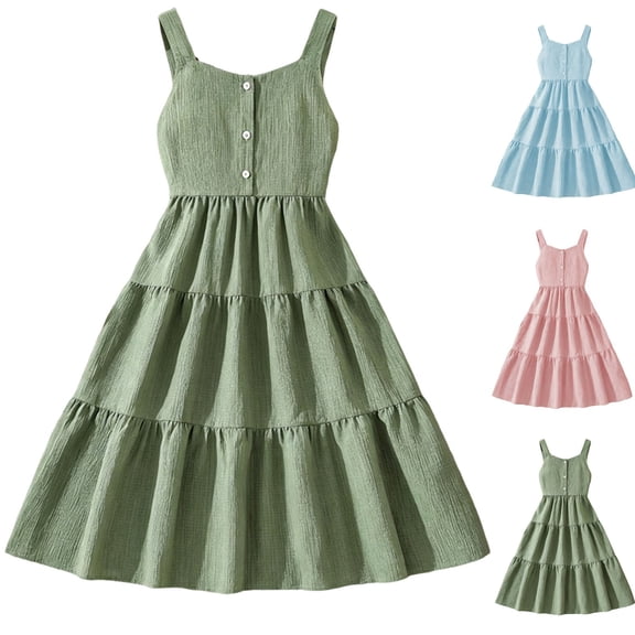 Iyufng Kids' Summer Sundress Solid Color Spaghetti Strap Comfort Dress for Girl
