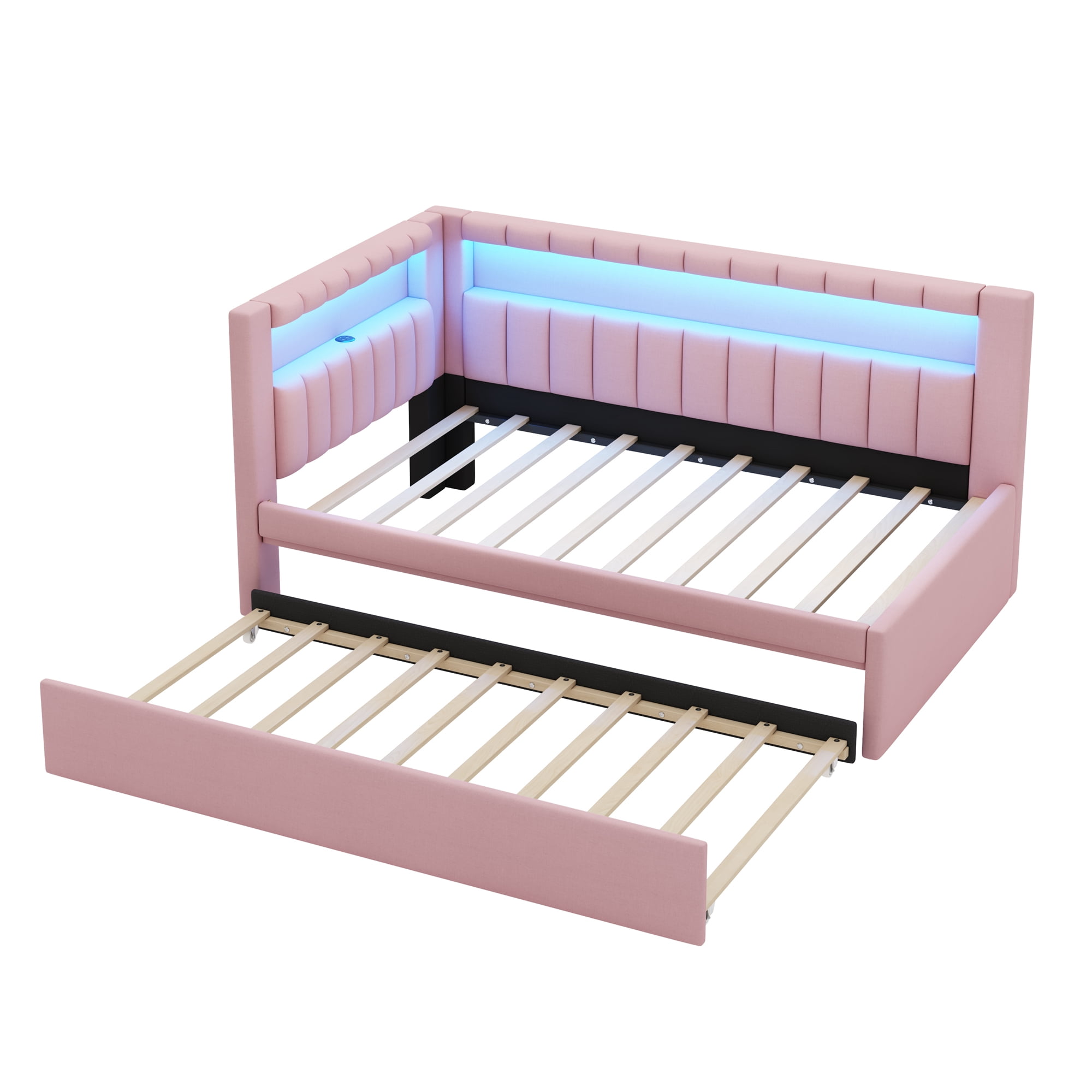 Homy Casa Upholstered Twin Platform Bed with LED Lights and USB Charging Station with Pull Out Trundle for Kids Teens, and Guest Room, Pink