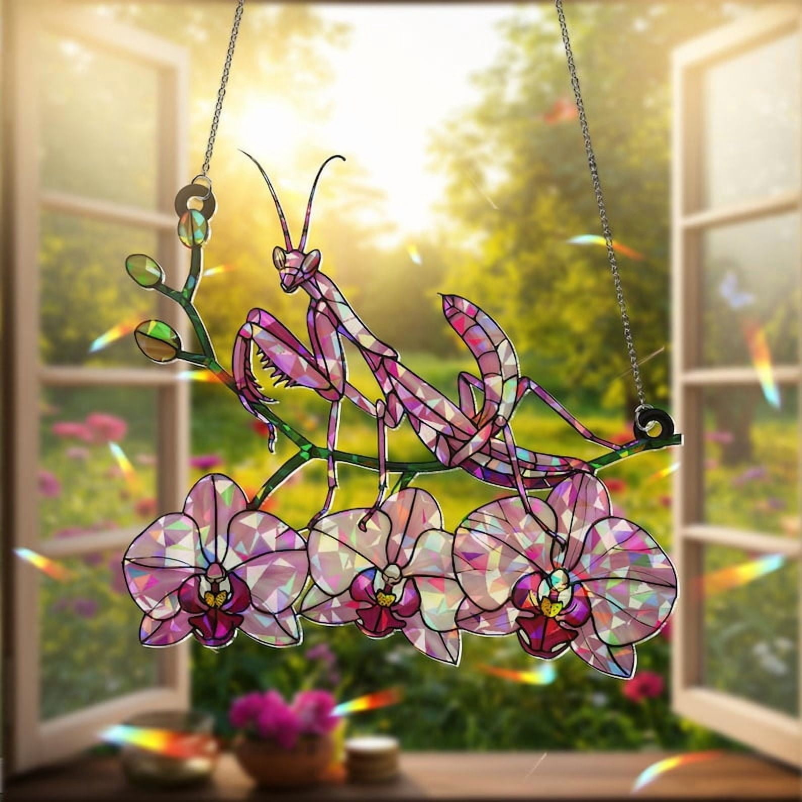 ViciArt Pink Orchid Mantis Suncatcher, 4" Acrylic Holographic Window Hanging, Floral Bug Decor
