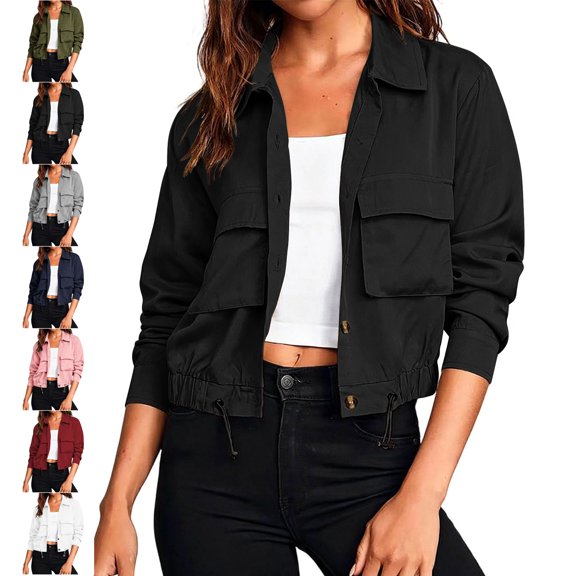 TGSLY Women's Safari Cropped Jackets Casual Collared Button-Down Long Sleeve Coat Loose Drawstring Hem Solid Color Utility Jacket with Pockets L