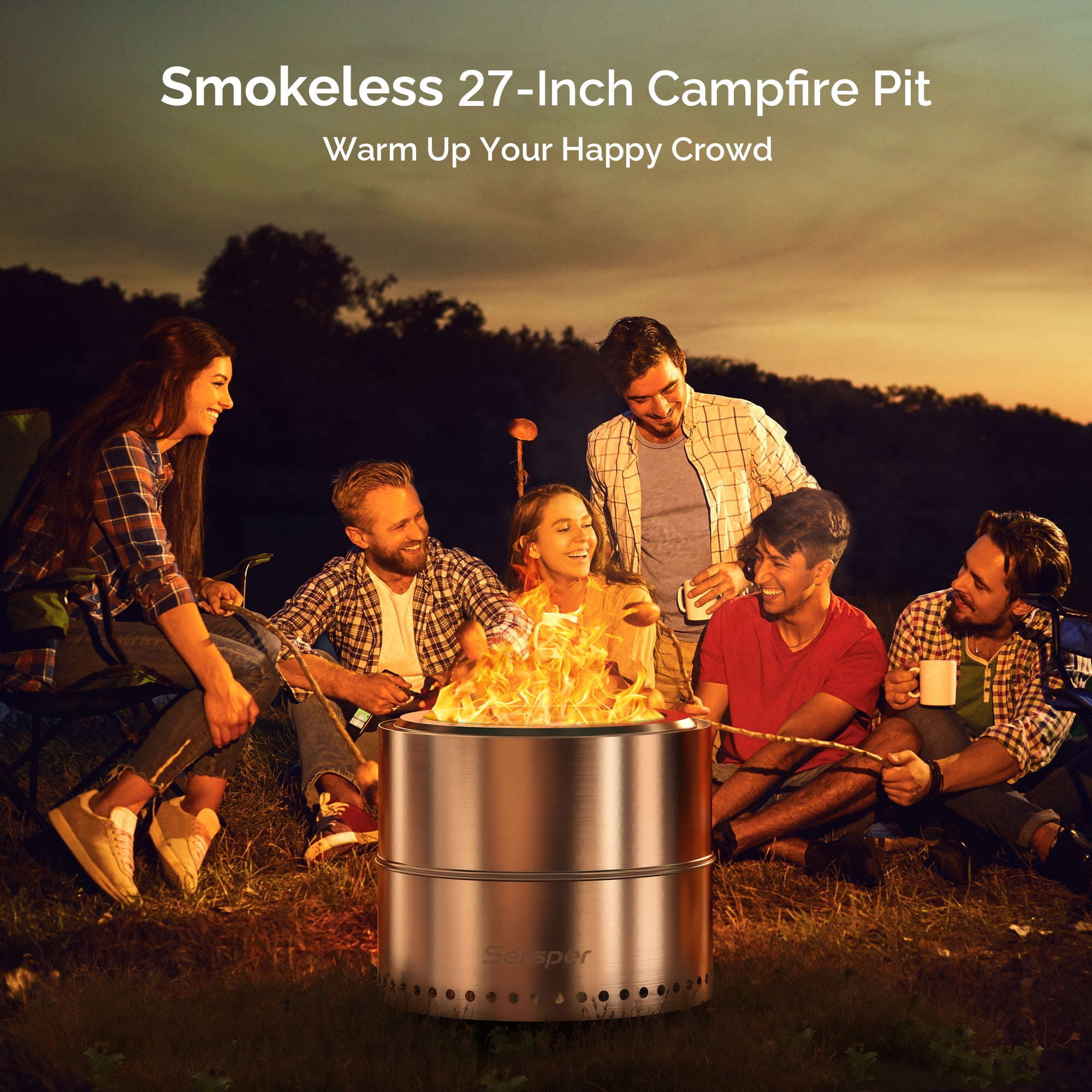 Waykar 19 inch Smokeless Fire Pit for Outside, Portable Collapsible Stainless Steel Firepit with Poker and Carry Bag for Backyard, Patio, Garden, Picnic, Bonfire