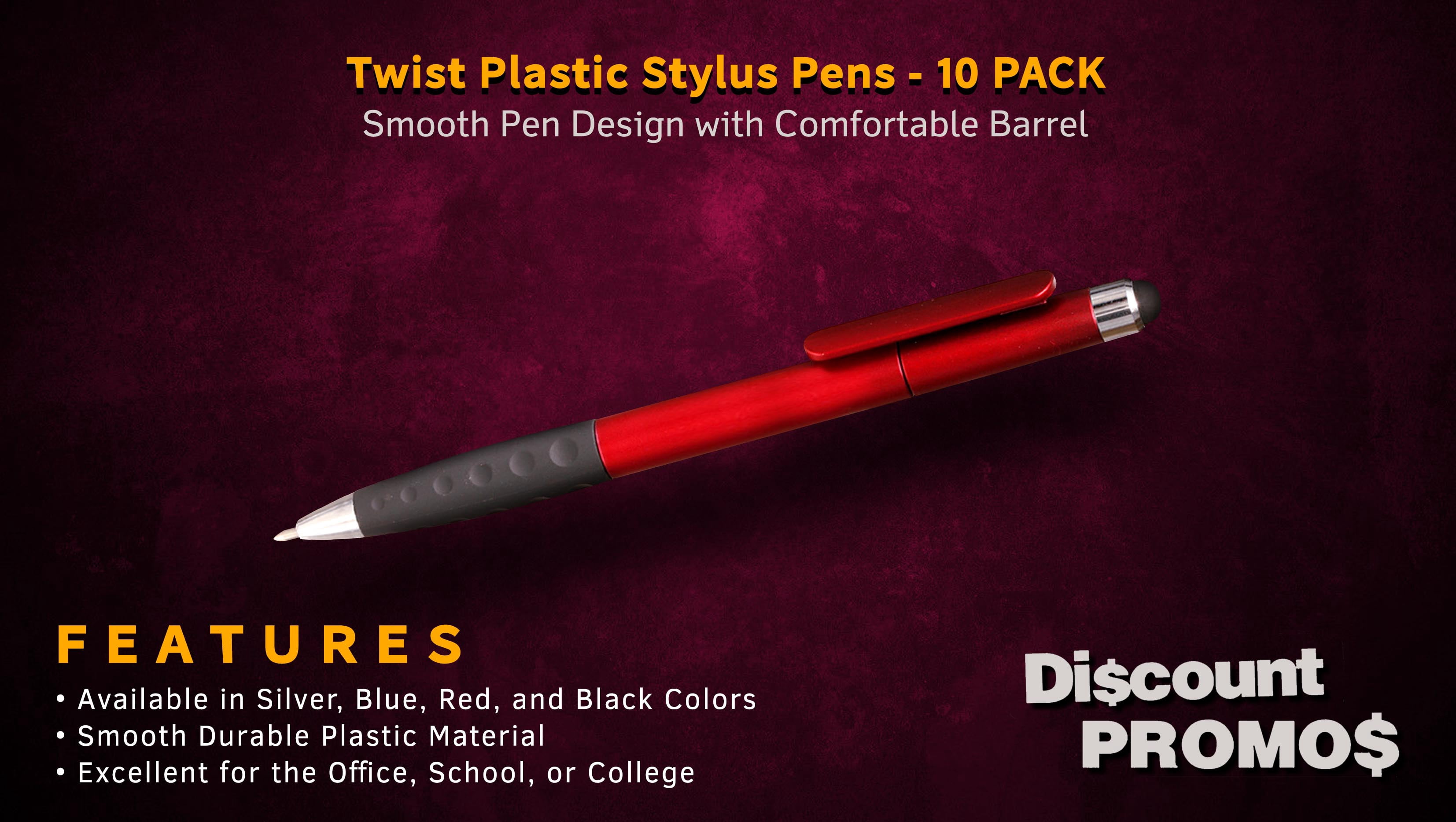 10 Twist Plastic Stylus Pens Pack - Ballpoint, Rubber Grip - Red