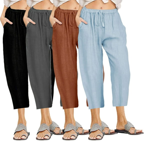 Zoeecloth Women's Linen Cropped Wide Leg Pants Elastic Waist Casual Palazzo Casual Pants Elastic Trousers with Pockets S-3XL