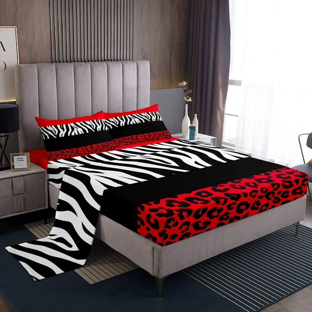 Erosebridal Red Leopard Print Full Sheet Sets, Geometric Bedding Full Size, Zebra Decoration, 4 Pieces