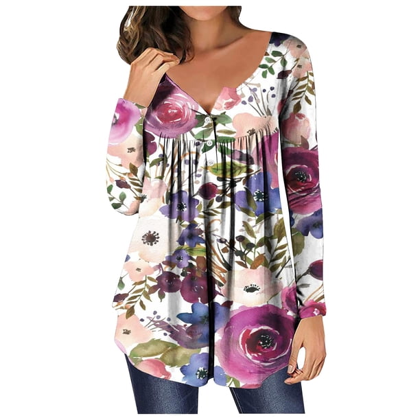 Camiseta de moda sexy informal para mujer, blusa estampada de manga larga con cuello redondo y fruncido Pompotops FGAJ6947