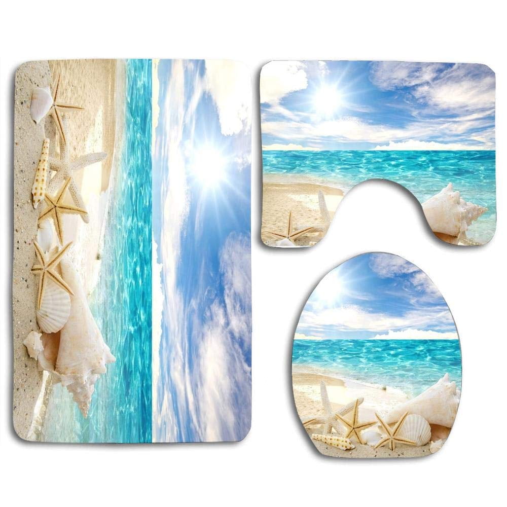 GOHAO Beach Theme Seashell 3 Piece Bathroom Rugs Set Bath Rug 
