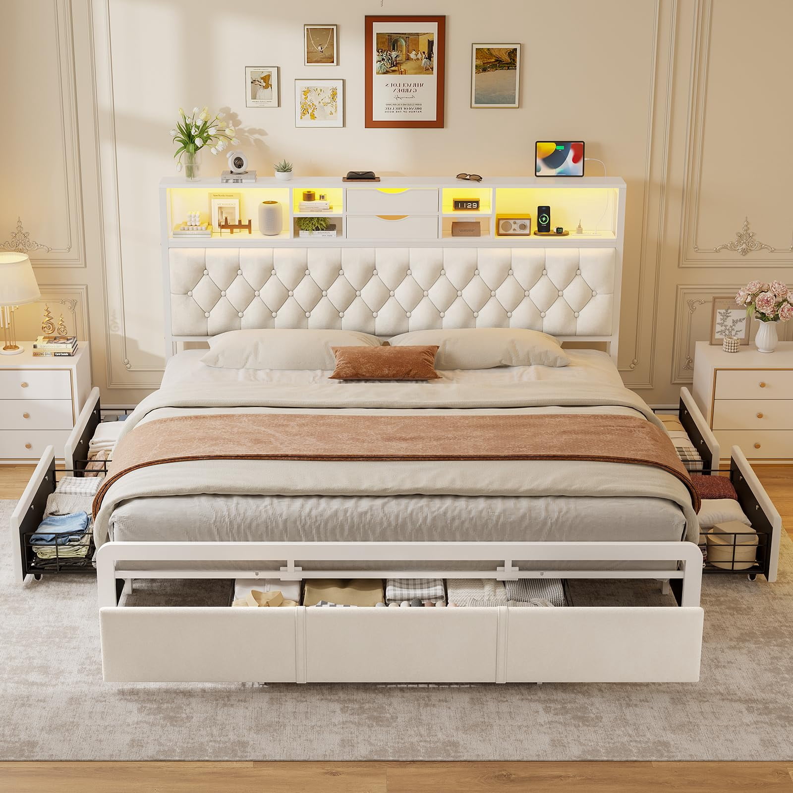 King Size Bed Frame with LED Lights & Charging Station Velvet Upholstered Queen Platform Bed with 5 Storage Drawers and Headboard,No Noise,Beige