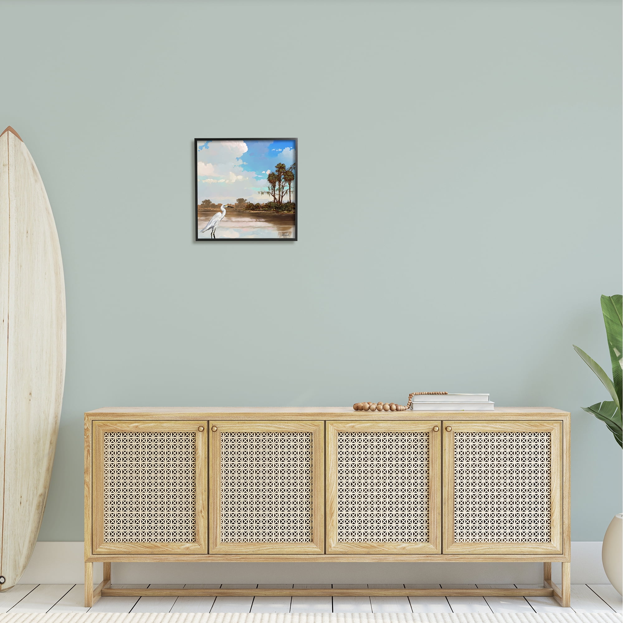 Stupell Egret Tropical Beach Scenery Landscape Painting Black Framed Art Print Wall Art