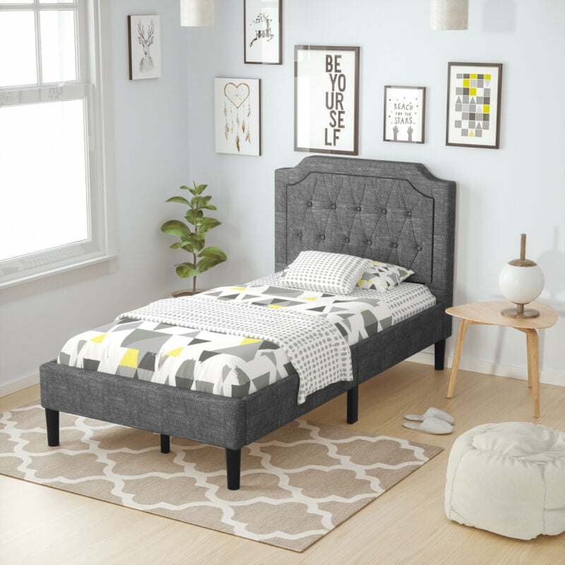 Furnibear Twin Bed Frame, Linen Upholstered Platform Bed Frame with Button Tufted Headboard and Wood Slat Support for Bedroom, Gray