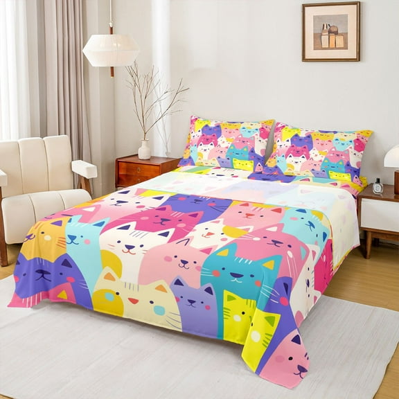 Homewish Colorful Cats 3pcs Twin Sheet Sets for Preppy Kids Child,Cartoon Animal Twin Fitted Sheet,Kawaii Pet Breathable Flat Sheet,Super Cozy Room Decor