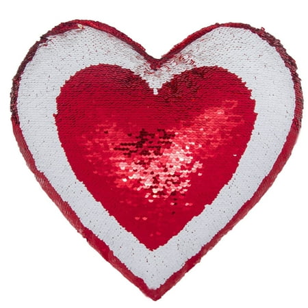 Heart Shaped Pillow - Mermaid throw pillow, two Reversible Sequin color Heart shaped decorative with pillow insert, 13''×15'' (Red & White)