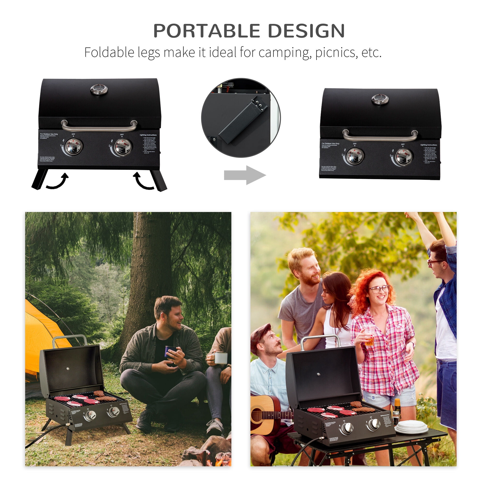 Outdoor Grill, 2 Burner Propane Gas Grill Outdoor Portable Tabletop BBQ with Foldable Legs, Lid, Thermometer for Camping, Picnic, Backyard, Black, Black BBQ Grill,Carbon Steel Tabletop Grill