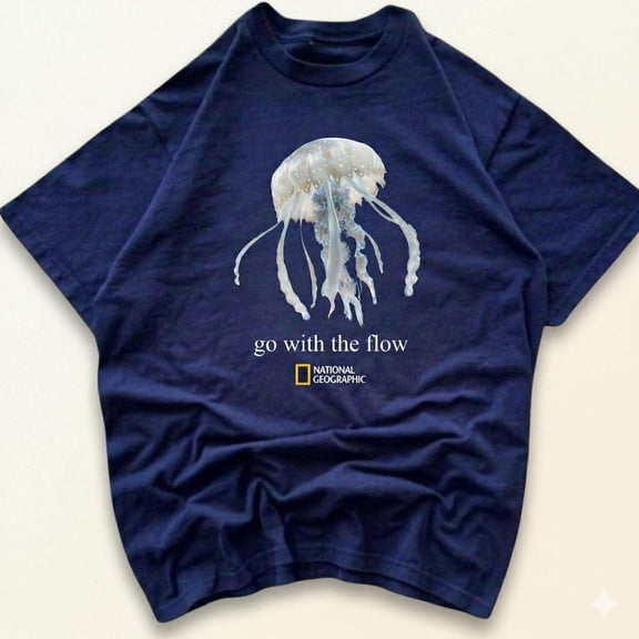 National Geographic Jellyfish "Go With The Flow" t-shirt, Vintage Style Jellyfish Graphic Crewneck, Ocean Lover Gift