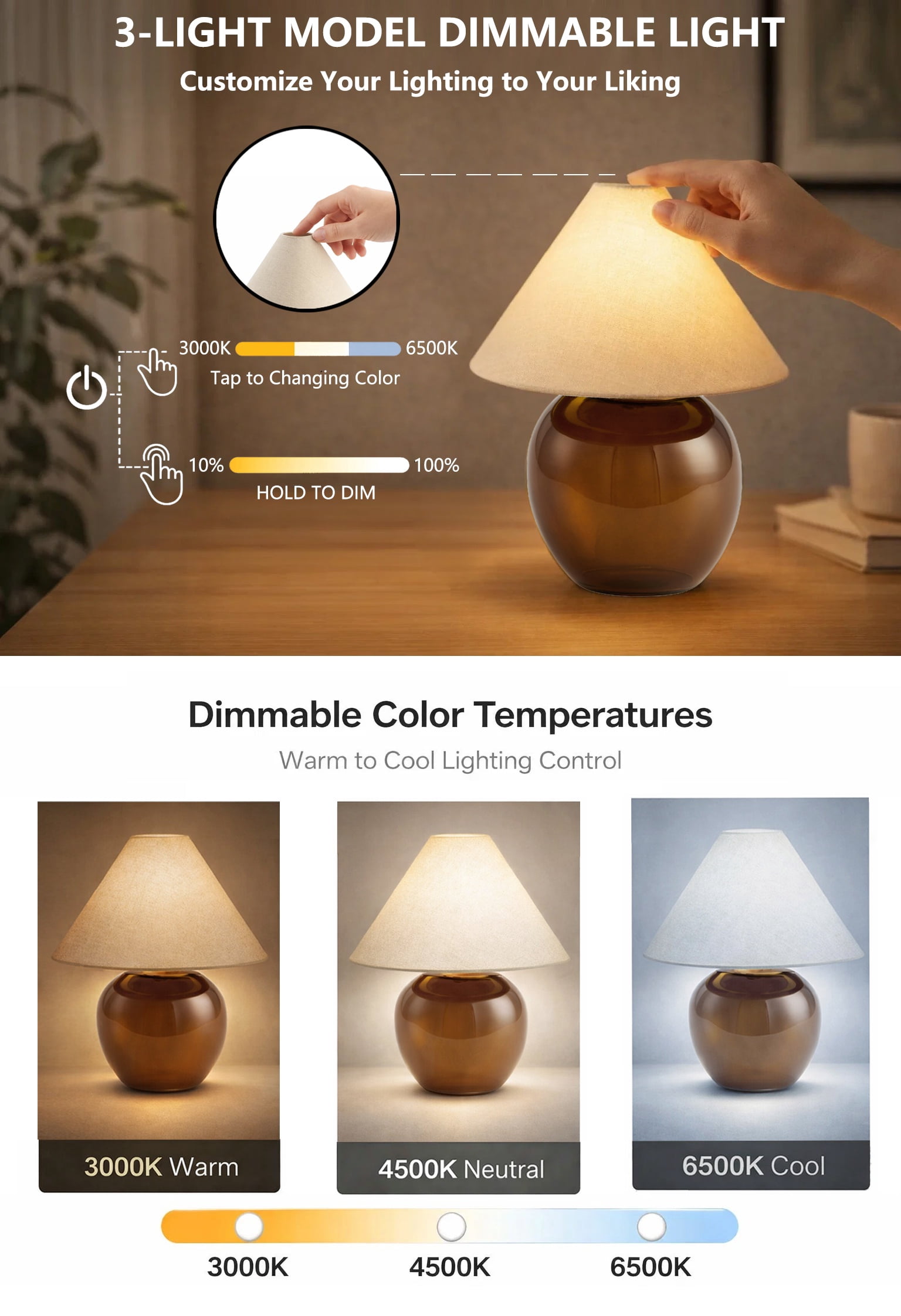 Better Homes & Gardens 8.5 in Amber Glass Rechargeable LED Portable Table Lamp with Dimmable Touch Sensor