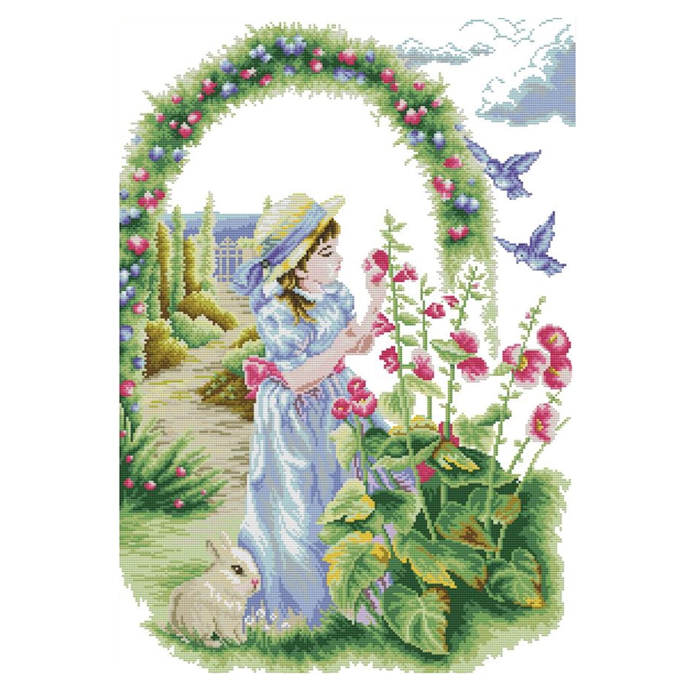 Flower & Girl Stamped Cross Stitch Kits 14CT Embroidery Cloth DIY Needlework 