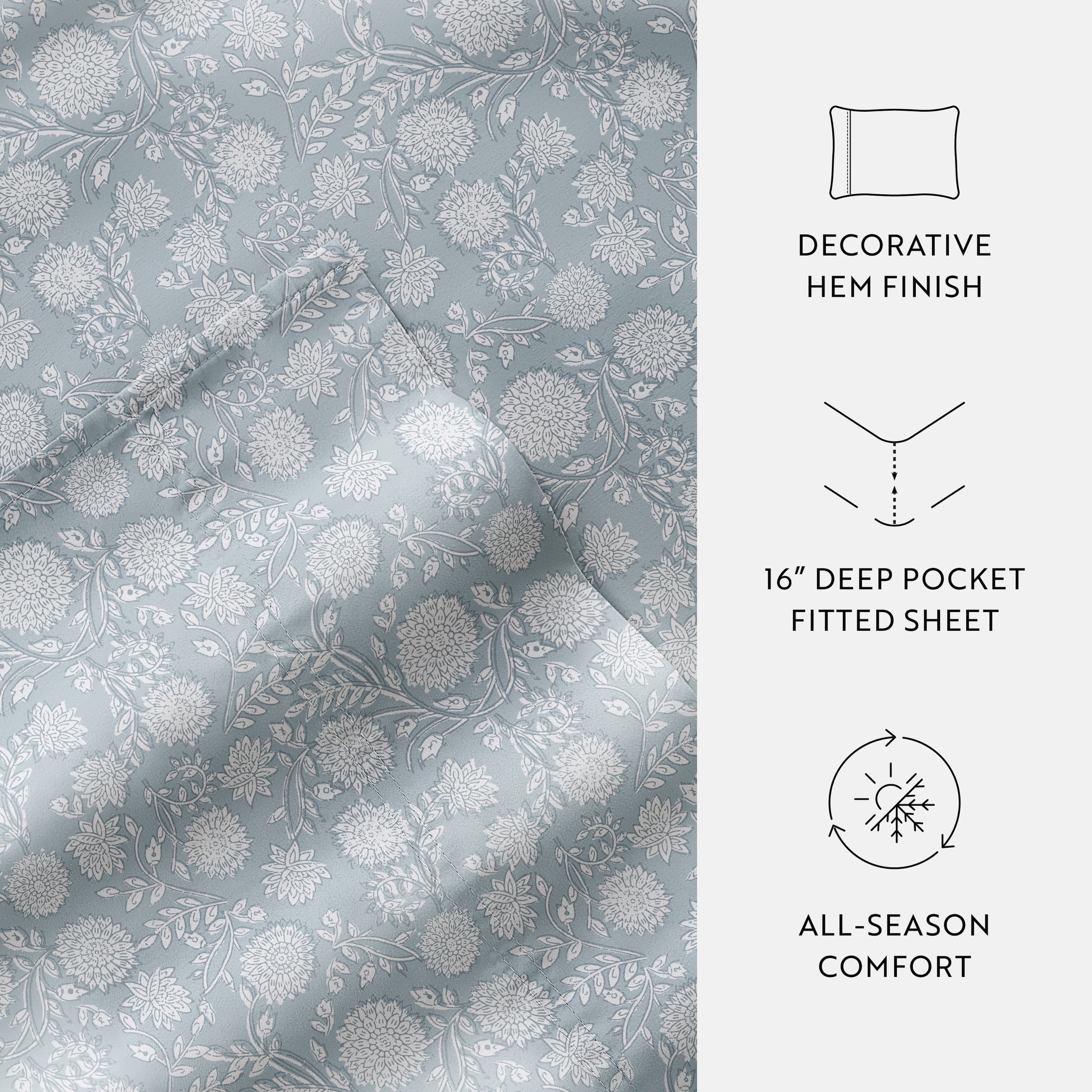Noble Linens 4 Piece 300TC Cotton Printed Sheets, Bohemian Garden Blue, California King