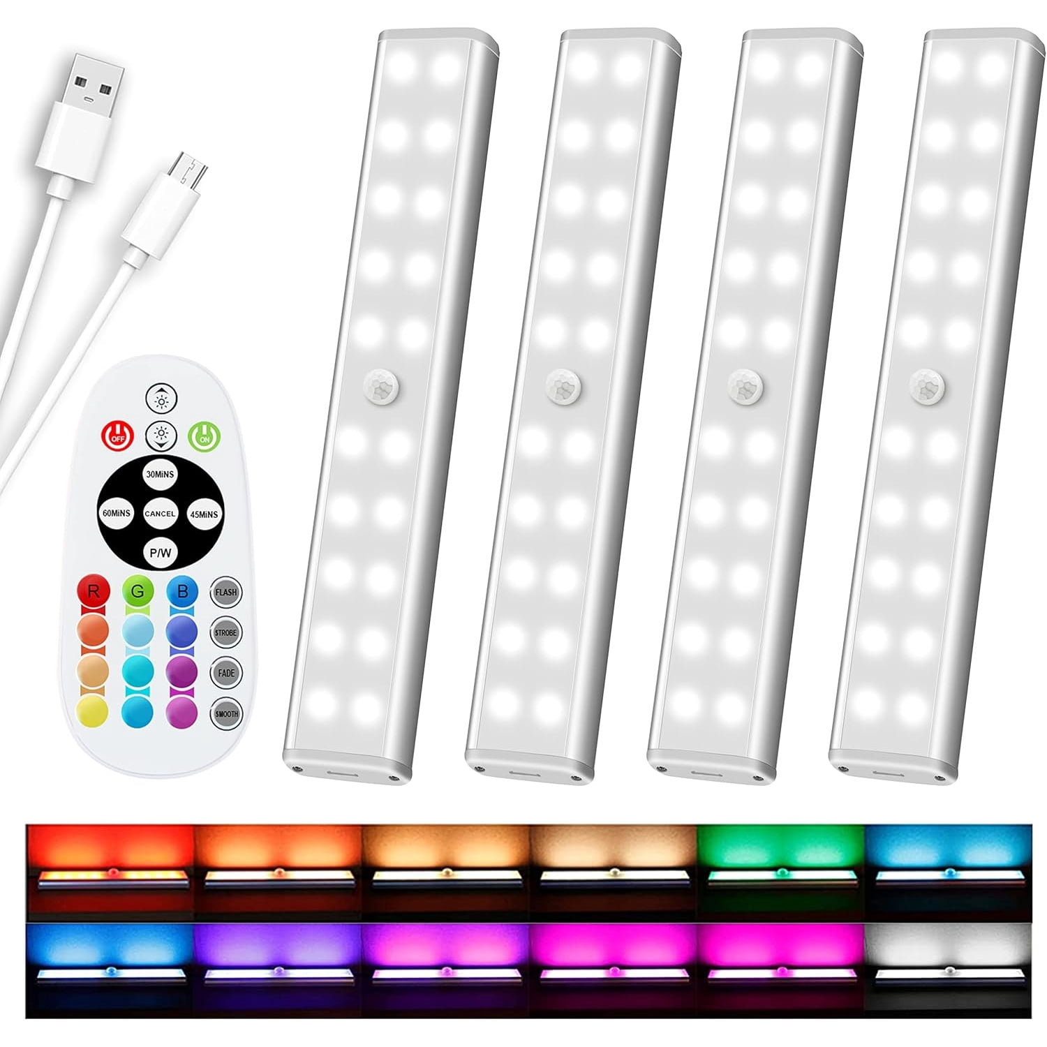 48 LED Under Cabinet Lighting Wireless, 15 Colors Changeable Rechargeable RGB Under Cabinet Lights Remote Control Under Counter Lights Mini Night Light Bar for Indoor Display Shelf, 4 Pack